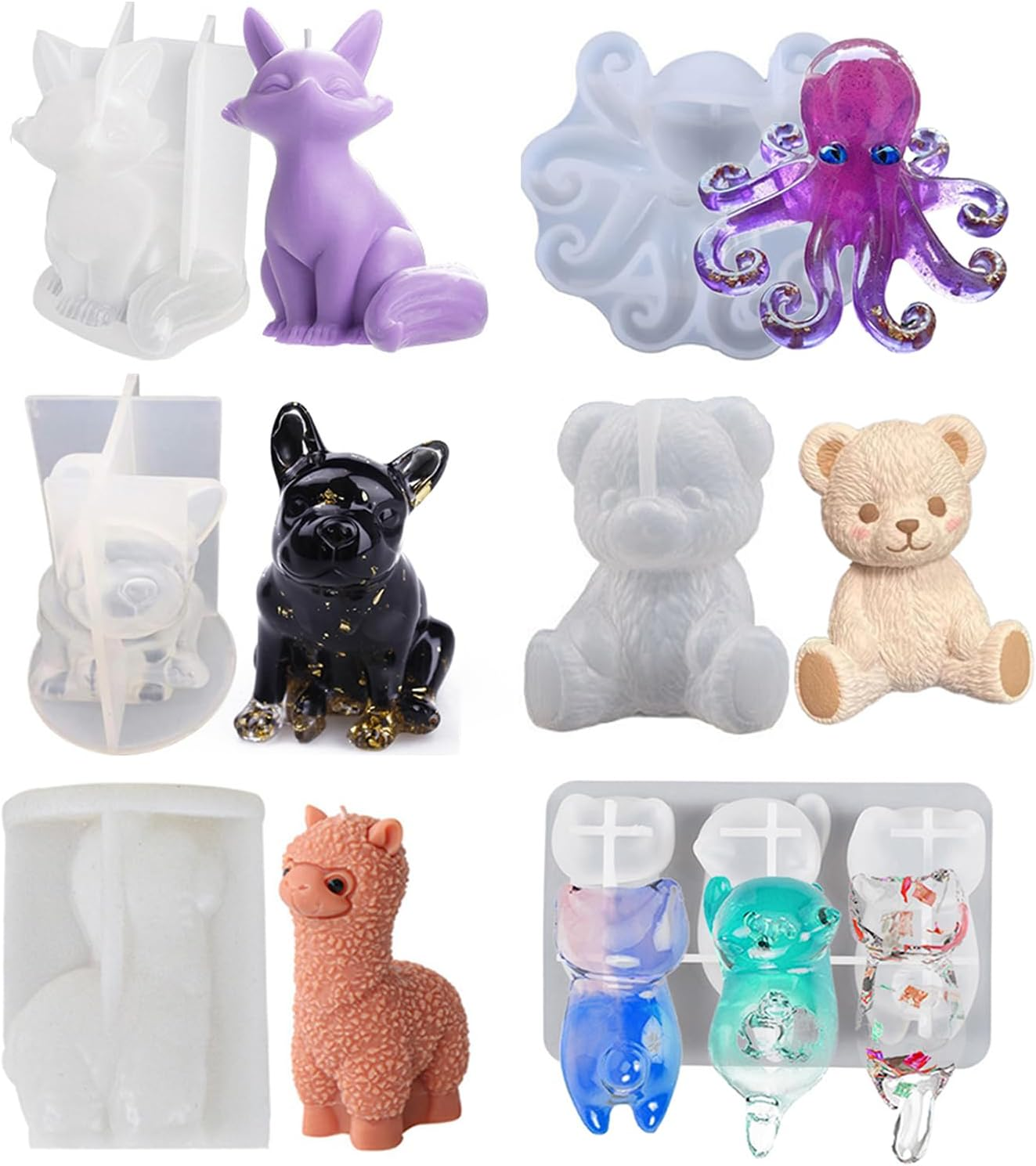 6PCS Animal Resin Mold, Alpaca, Bulldog, , Cat,Bear and Octopus 3D Lifelike Sili