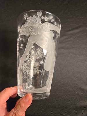 Signed Rene Fuller 1978 Sand Carved Art Crystal Vase Nude Figural 7.75''