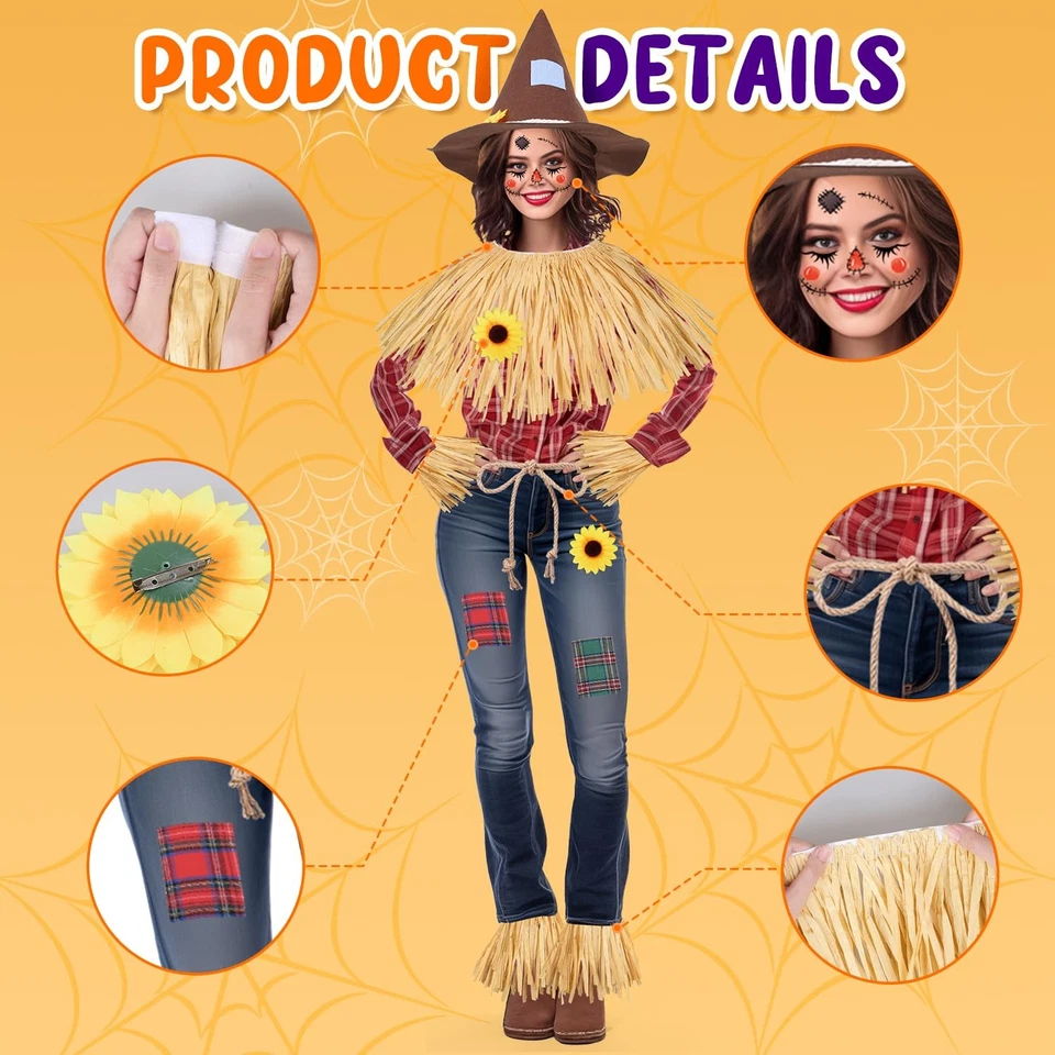 12 Pieces Scarecrow Costume Kit for Adult , Raffia Scarecrow Felt Hat Rope De... - Image 4 of 4