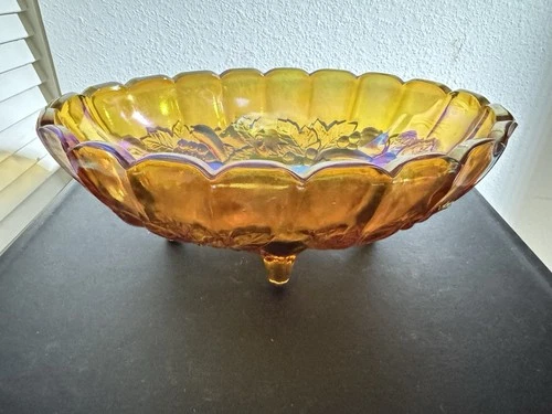 VINTAGE Indiana Glass Large Bowl Grapes AMBER Iridescent CARNIVAL  Glass Footed