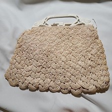 Vintage Ivory Cloth Purse with Plastic Handle Crocheted Handmade