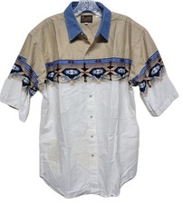 Plains Western Wear Pearl Snap Mens Shirt Sz L Tan White Aztec Design SS