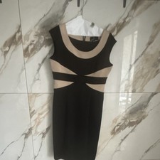 Black/Beige Colorblock Cut-Out Bodycon Sheath Knit Zip Cap Sleeve Dress L