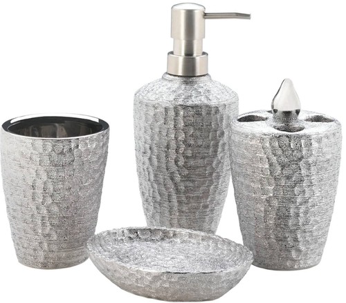 Set of Four (4) ** HAMMERED SILVER TEXTURE PORCELAIN BATH ACCESSORIES ** NIB - Picture 6 of 6