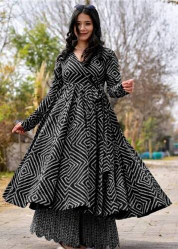 Indian Traditional Printed Cotton Rayon Black Kurta Palazzo Set for Women
