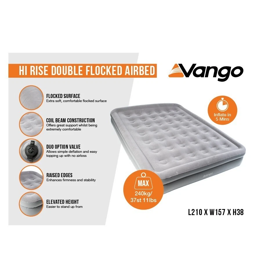 Vango Hi Rise TALL Double Airbed occasional spare bed Camping Mattress 40cm Deep