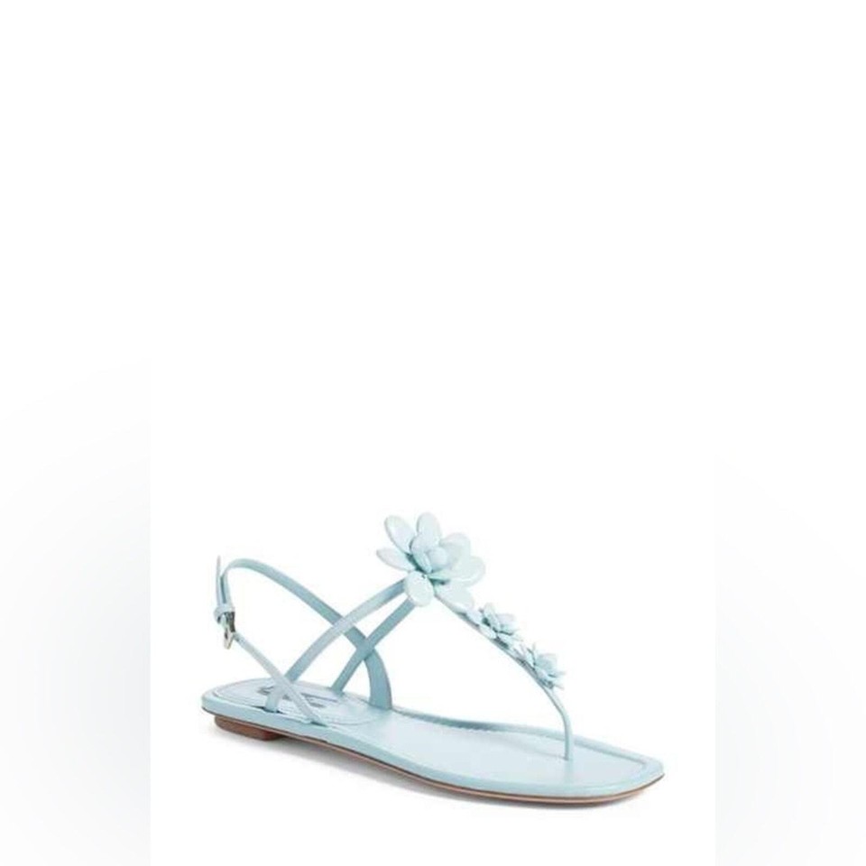 Prada Baby Blue patent Leather Flower Open Toe TStrap Sandals EU 37.5