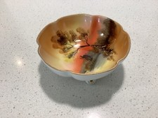 NORITAKE HAND PAINTED SCALLOPED EDGE THREE FOOTED BOWL WINDMILL BY THE LAKE