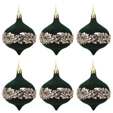 Velvet Christmas Dark Green Baubles - Lantern With Sequin Band 9cm - Set of 6