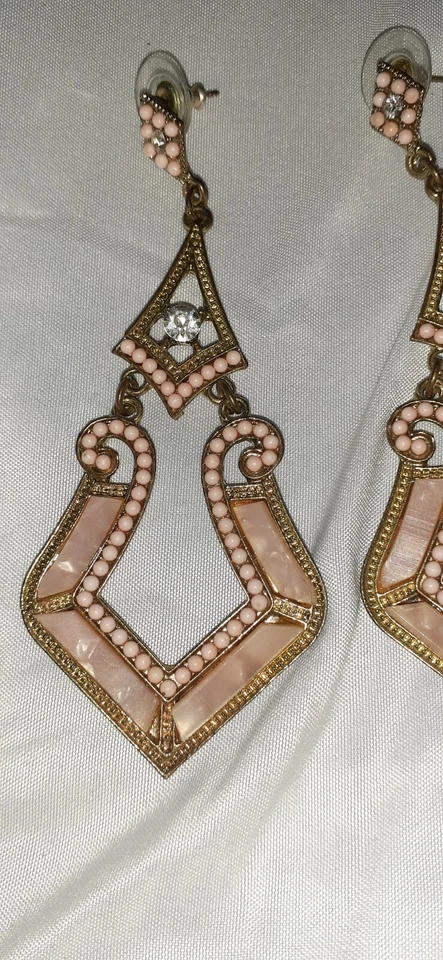Genuine Rose Quartz Pink Unique Dangle Drop Earrings Victorian Art Deco Style - Image 4 of 4