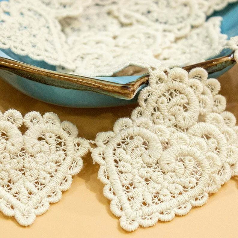 Beige Crocheted Heart Cotton Lace Trim Cotton Lace Ribbon Applique Patch 2 Yards - Image 2 of 4