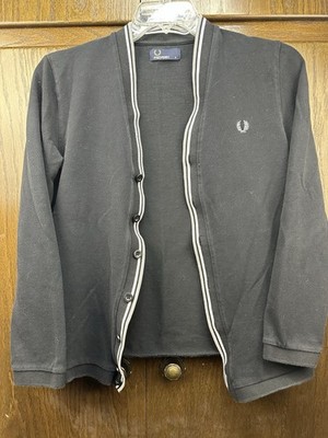 Fred Perry Twin Tipped Piqué Cardigan Black V-Neck Button Sweater Women s Size S