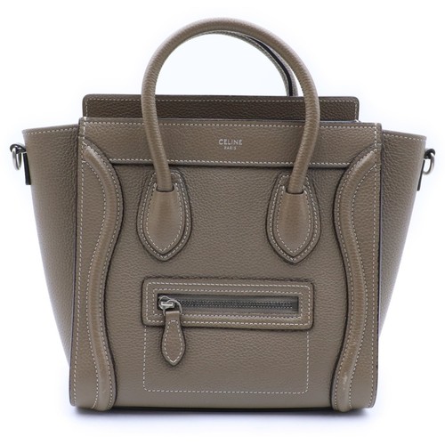 CELINE Luggage Nano Shopper 2 Way Handbag Shoulder Bag Greige Leather Used 036c3