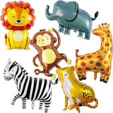 6 Pcs Giant Safari Animal Balloons, Lion Zebra Giraffe Monkey Elephant Leopard F