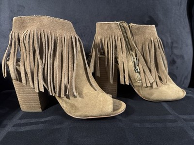Carlos by Carlos Santana Brown Suede Ankle Bootie Fringe Zip Open Toe 7M