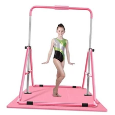  Gymnastics Bar with Mat, Foldable Gymnastics Horizontal Bar Height Pink-Mat