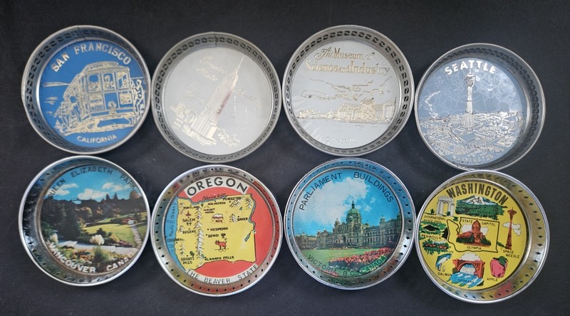8 Souvenir Coasters Japan 1950-60s SF, Chicago, Vancouver, SEATTLE, Oregon