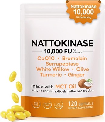 Nattokinase 10,000 FU with MCT Oil   120 Enteric Coated Softgels | Triple Enzyme