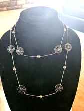 Coldwater Creek long Silver Necklace with Satern Beads with Rings 40"