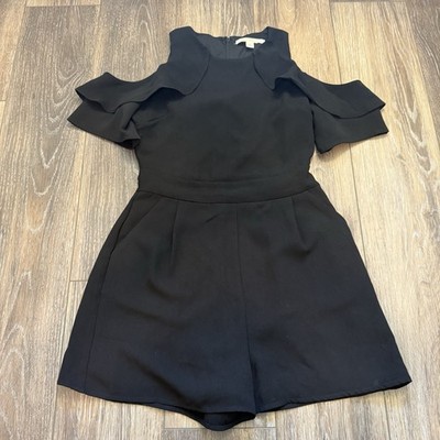 Black Preppy Shorts Romper  Cut Out Shoulders W/Ruffle Zip Back SZ S Lined