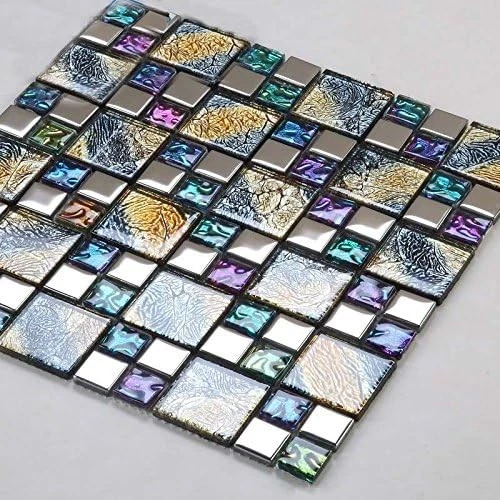 Mosaico de vidro azulejo iridescente azul, roxo e dourado texturizado cromado parede metálica... - Imagem 3 de 4