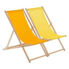 2x Folding Wooden Deck Chairs Adjustable Canvas Beach Lounger Orange/Yellow