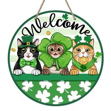 Welcome St Patricks Day Cat Front Door Sign, Lucky Shamrock Clover Wood Door ...