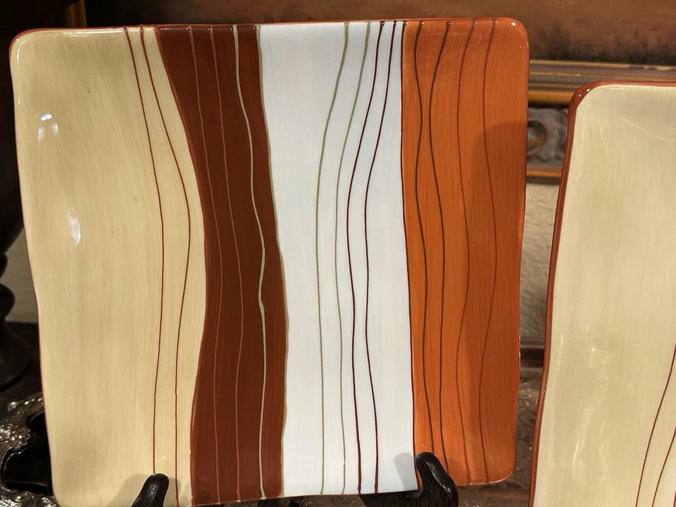 (2) Pier 1 Imports-8.75” Sq Salad/Luncheon Plates-CANYON STRIPE-NEW-Hand Painted - Image 3 of 4