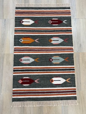 Hand Woven Wool Area Rug 3 x 5 ft Grey Flat Weave Indian Folk Art Kilim
