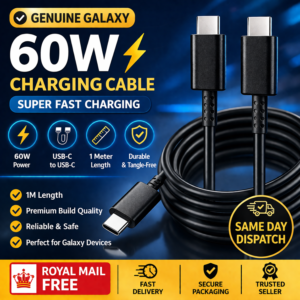 Super Fast ChargingUSB-C 60W Super Fast Charging Cable 1M Type-C to Type-C Black