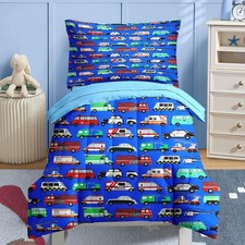 4 Pcs Comforter Set Toddler Size, Emergency Vehicles Car Bedding for Kids Tee...