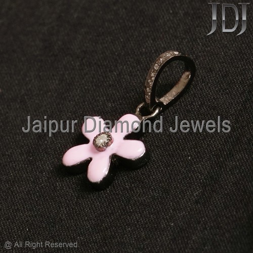 925 Sterling Silver Natural Pave Diamond Flower Shape Enamel Pendant Jewelry - Picture 5 of 10