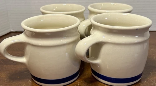 Set of 4 Cottagecore Rustic Heavy Stoneware Clay Pottery Coffee Mugs Blue Strip