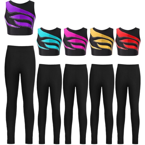 Girls Kids Sets Dancing Dancewear Tracksuit Outfit Black Tights Clothing 2Pcs - Picture 6 of 57