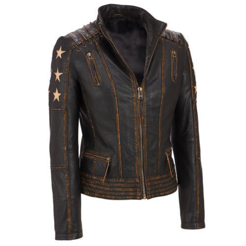 Women's Distressed Brown Cafe Racer Vintage Biker Slim-Fit Real Leather Jacket - Picture 1 of 4