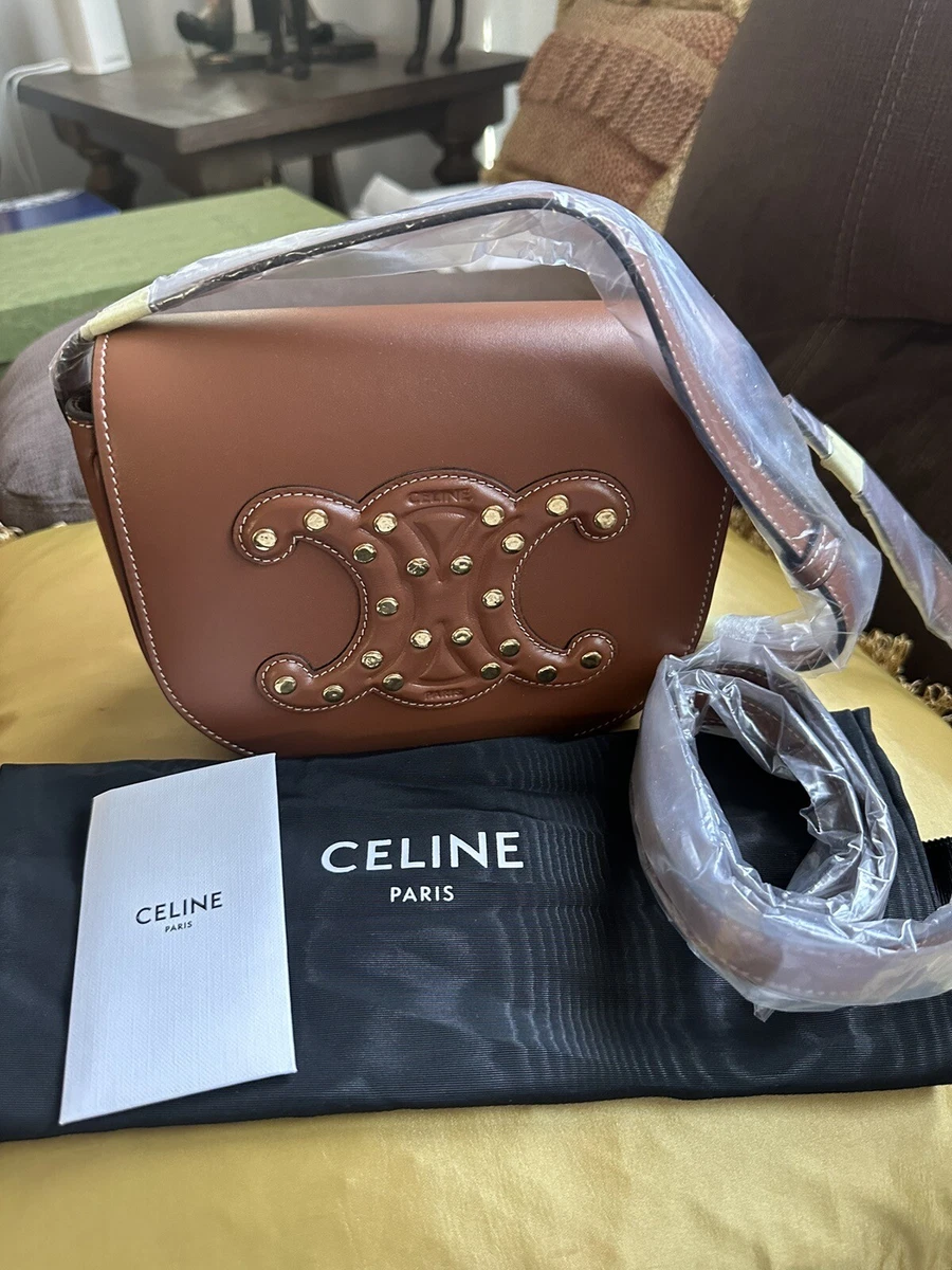 NWT Celine Stud Folco Cuir Triomphe in Smooth Calfskin Tan Leather