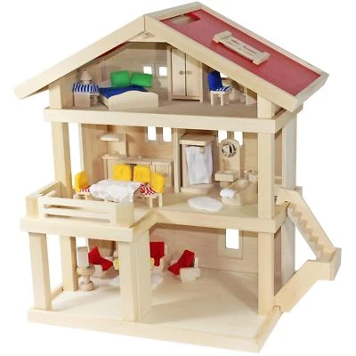 Villa Freda Puppenhaus Stadtvilla + Hussen + Puppenmöbel Holz 46x35x58 cm