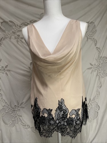 ALICE + OLIVIA Silk Creme black lace Cowl Neck tank sleeveless Top Sz M S