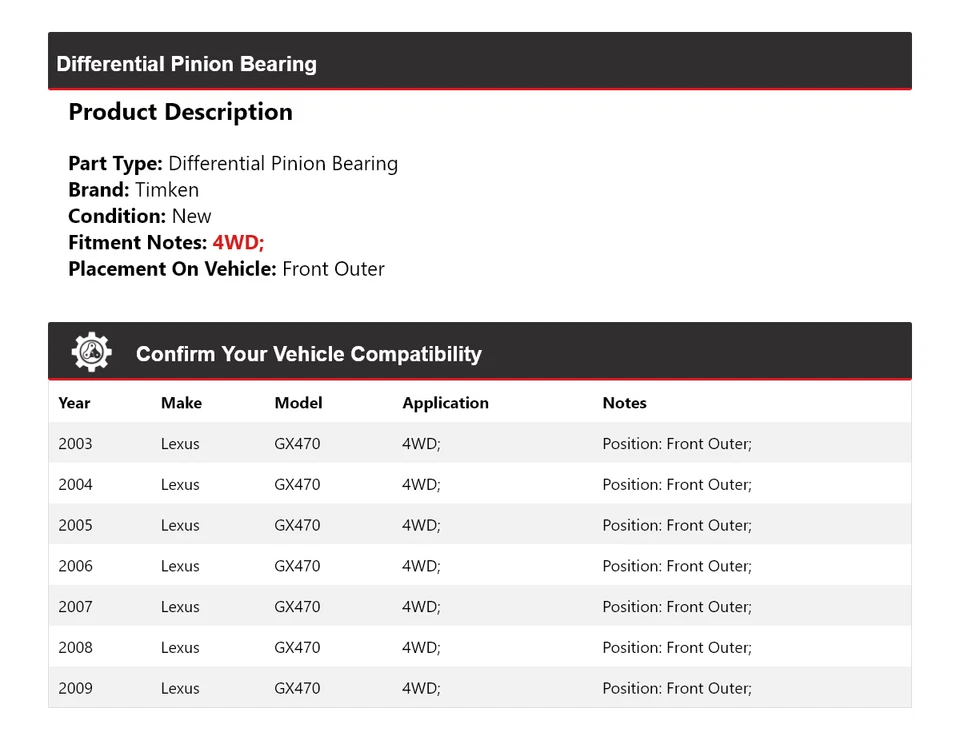 Cojinete de piñón diferencial delantero exterior Timken para Lexus GX470 2003-2009 4x4 Foto 2 de 4