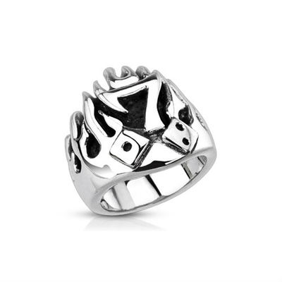 BIJOU BAGUE CHEVALIERE HOMME ADO ACIER PORTE CHANCE POKER FLAMME