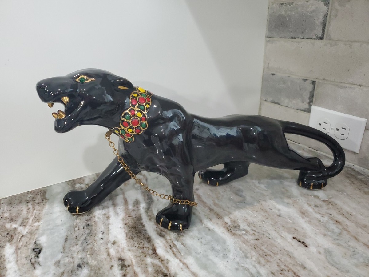 Vintage黒豹(BLACK PANTHER）ブロンズ　オブジェ Vintage Black Panther Leather Wrapped Statue - Retro Interior