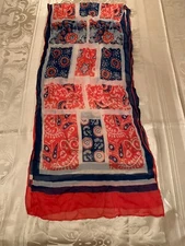 Vintage Scarf rectangle CHIFON  BLUE & RED  62  by 13 .5" Z8
