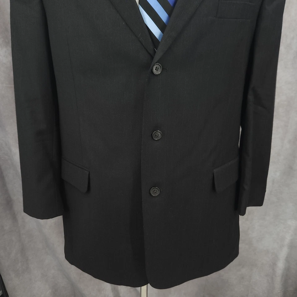 Jos A Bank Piece Suit Mens 46 L Black Pinstripe Pants 41x30 Worsted Wool Cuffed - Image 2 of 4