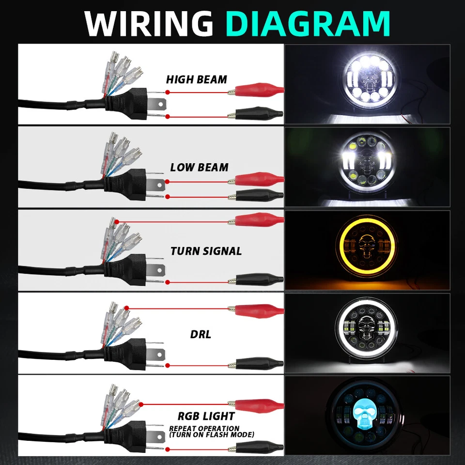 Faro LED calavera RGB de 7" Halo ojos de ángel DRL sellado haz HI-Lo para motocicleta Foto 3 de 4
