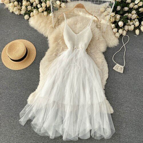 Irregular Net Gauze Fluffy Dress for Womens High Waist Temperament Summer V-neck - Picture 12 of 16