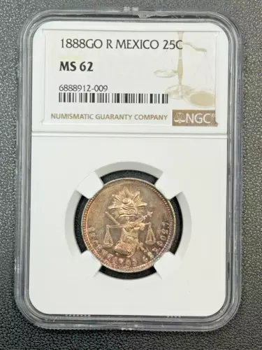 1888GO REALES MEXICO 25C NGC MS 62