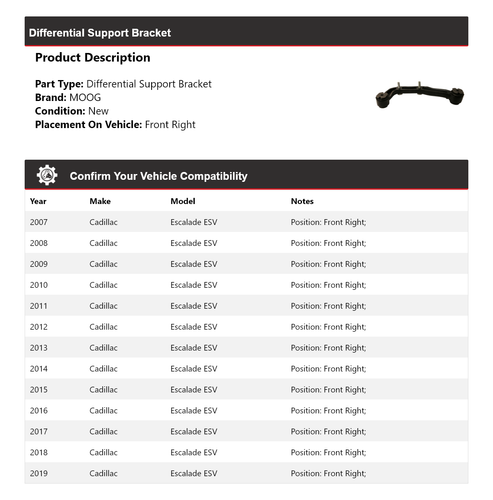 For 2007-2019 Cadillac Escalade ESV Differential Support Bracket MOOG 2007 2008 - Picture 2 of 4