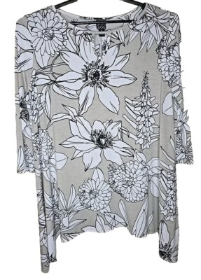 Clara Sun Woo Women's Gray Floral Tunic Shirt Plus Size 1X t13