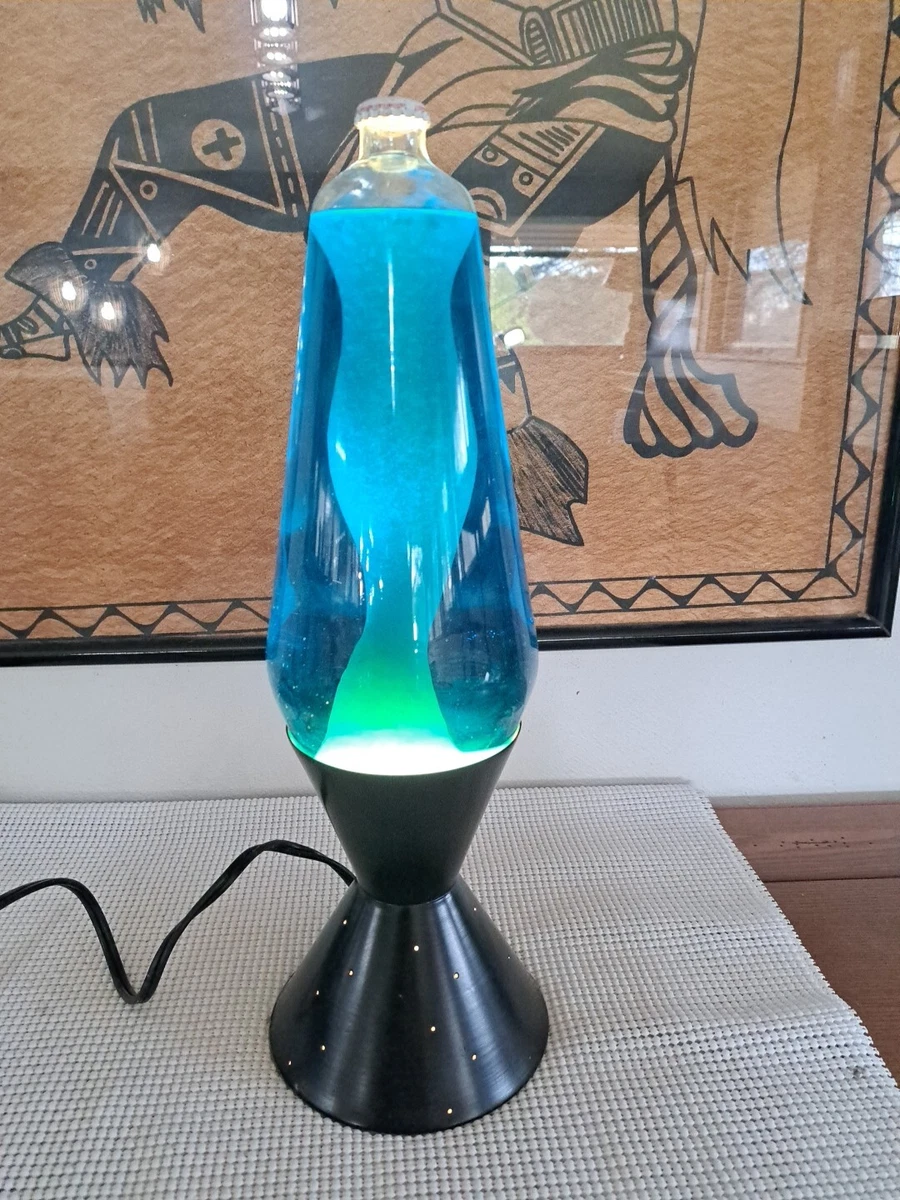 1999 Lava Lamp Lite Blue Turquoise Liquid Black Base Lava World International