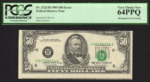 1985-50-FRN-Error-Misaligned-Face-Printing-PCGS-64-PPQ